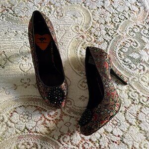 y2k girly grunge floral jacquard heels